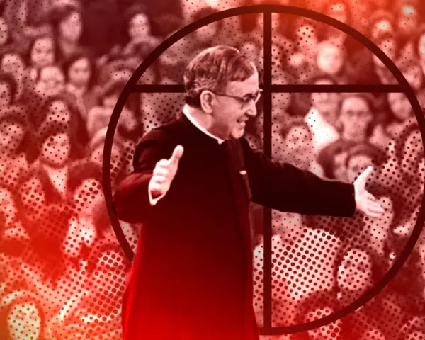 A man in clerical attire speaks to a crowd, framed by a circle and cross. This image evokes the opus dei meaning of divine work and spiritual dedication.