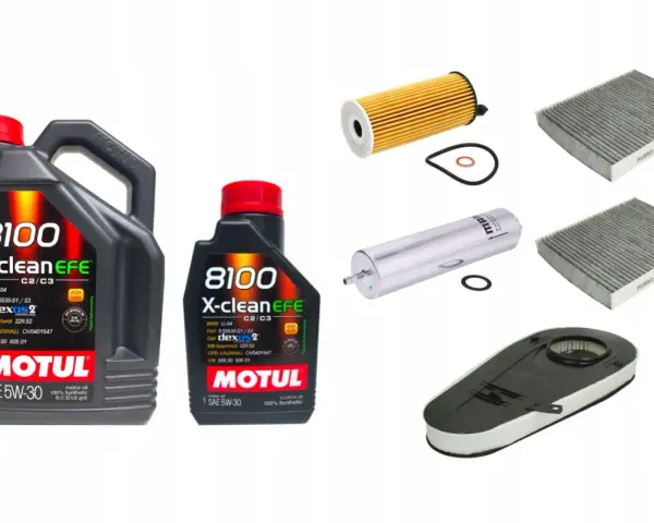 Dwa opakowania oleju Motul 8100 X-clean EFE 5W-30 oraz filtry: oleju, kabinowy i powietrza.