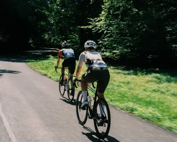 Two cyclists enjoy a scenic road biking adventure through a sun-dappled forest path.