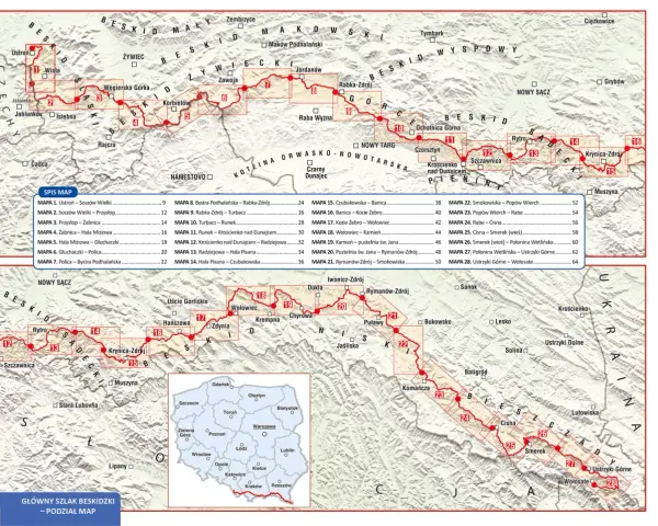 Mapa GSB trasa, pokazująca przebieg Głównego Szlaku Beskidzkiego od Ustronia do Wołosatego, z zaznaczonymi numerami etapów i miejscowościami.