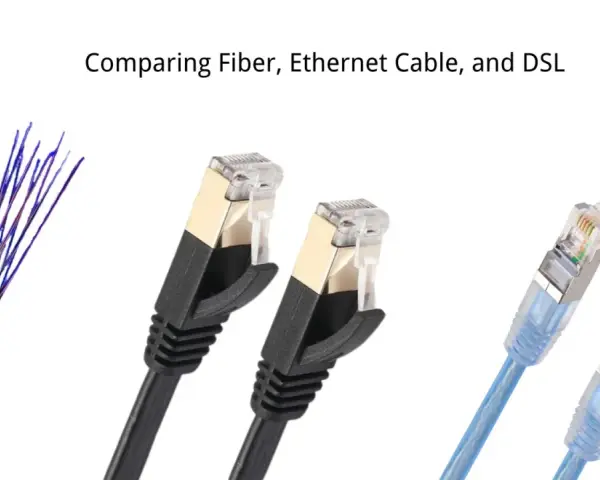 Porównanie kabli: światłowód, Ethernet i DSL. Widoczne są końcówki kabli, w tym światłowodowe i Ethernet.