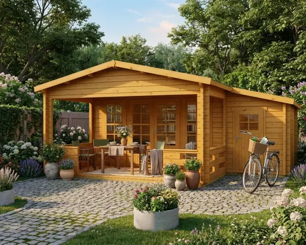 Maisonnette en bois avec une terrasse couverte aménagée pour les repas, entourée de fleurs et d'un vélo.