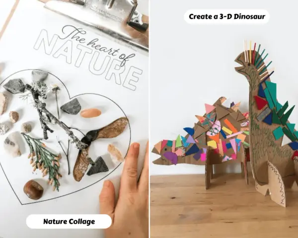 Collage infantil: un corazón con elementos de la naturaleza y un dinosaurio de cartón decorado con trozos de colores.