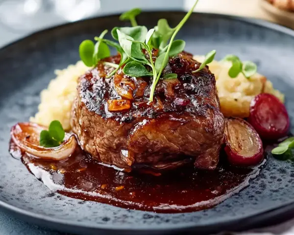 En saftig pannbiff med karamelliserad lök och en mustig sås, serverad med potatismos. Ett perfekt pannbiff recept för en lyxig middag.