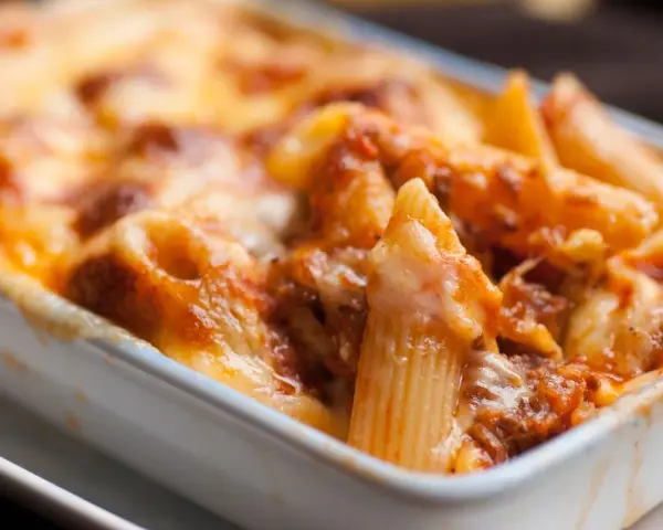 Penne al forno con sugo di pomodoro e mozzarella filante, un classico della pasta alla sorrentina.