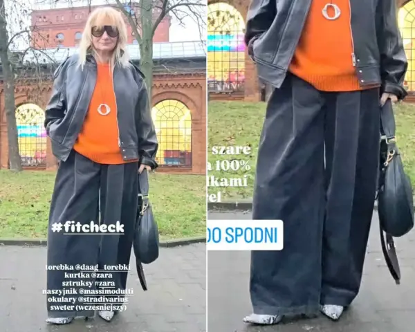 Kobieta w pomarańczowym swetrze, czarnej ramonesce i szerokich, szarych sztruksach. Stylizacja #fitcheck.