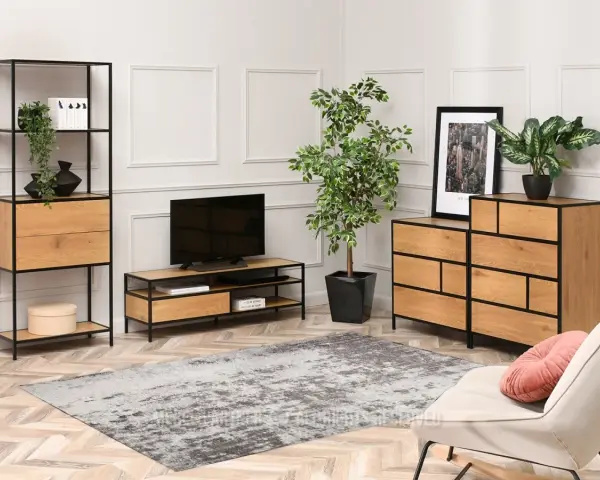 Nowoczesny salon z regałem, komodą i szafką RTV. Ten zestaw mebli loft to idealne rozwiązanie dla miłośników industrialnego stylu.