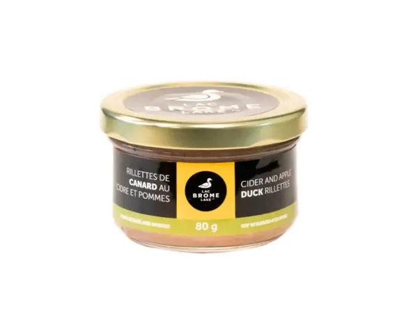 Un pot de rillettes de canard au cidre et pommes, 80g. Parfait pour un apéritif gourmand.