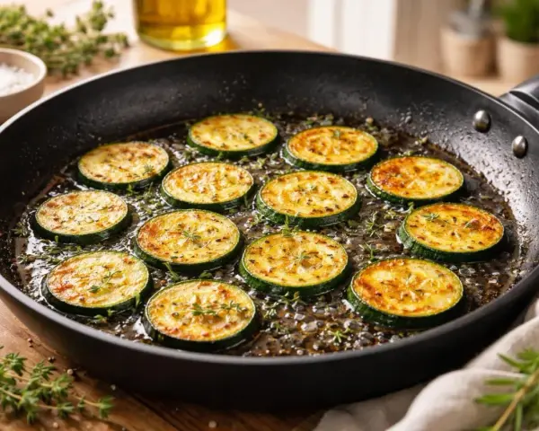 Rondes tranches de courgettes dorées à la poêle, parsemées d'herbes fraîches. Une délicieuse recette de courgette à la poêle en préparation.