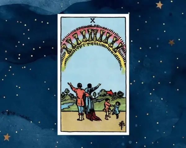 10 pucharów tarot: rodzina świętuje pod tęczowym łukiem pełnym pucharów, symbolizując spełnienie i szczęście.