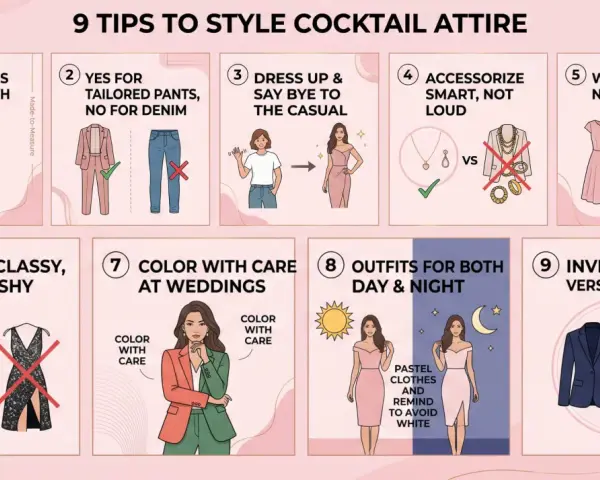 Guía de 9 consejos para el dress code cocktail: midi, pantalones sastre, accesorios sutiles, sin arrugas, clase, colores y versatilidad.