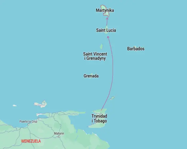 Mapa Karaibów: Martynika leży na północ od Saint Lucia, Saint Vincent i Grenadyn, Grenady oraz Trynidadu i Tobago, blisko Wenezueli.