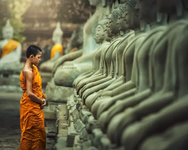 A young monk in orange robes stands before a row of Buddha statues, a scene evoking the ancient roots of what is the oldest religion in the world.