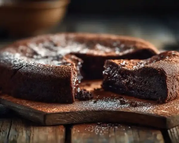 Un délicieux gâteau chocolat, saupoudré de sucre glace, est coupé sur une planche en bois rustique.