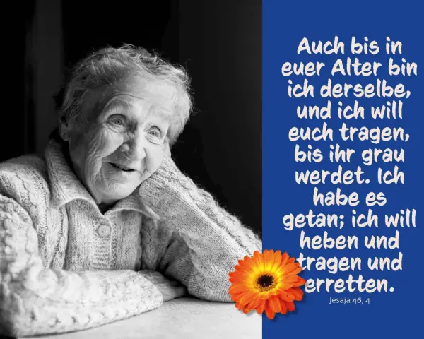 Porträt einer älteren Frau mit einem warmen Lächeln, neben einem Zitat, das Segenswünsche für ältere Menschen ausdrückt.