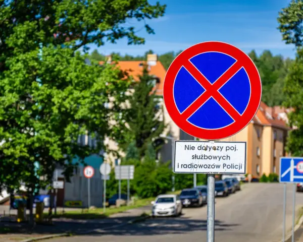 Znak zakaz postoju z tabliczką "Nie dotyczy poj. służbowych i radiowozów Policji" na tle zieleni i zabudowań.