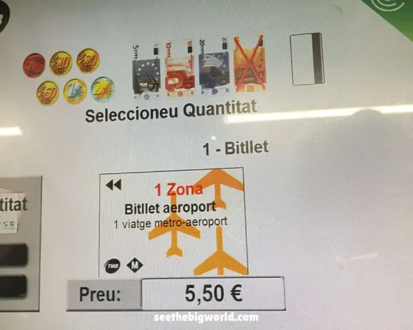 Buying a ticket at the Barcelona airport metro station. The screen shows options for quantity and ticket type, with a price of 5.50€.
