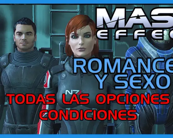 Personajes de Mass Effect con texto sobre "Romances y Sexo: Todas las opciones y condiciones".