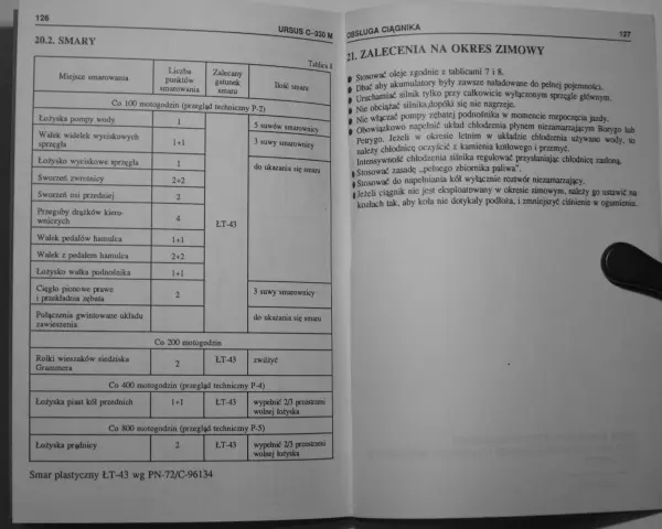 Tabela smarowania dla Ursusa C-330. Wskazuje, gdzie i jakim smarem, np. smar plastyczny ŁT-43, smarować poszczególne elementy.