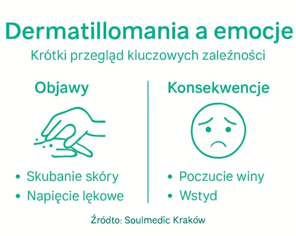 Dermatillomania: objawy (skubanie skóry, napięcie lękowe) i konsekwencje (poczucie winy, wstyd).