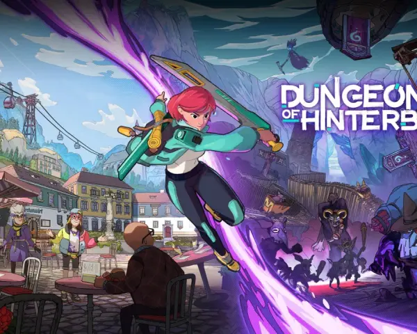 Una heroína con espada se lanza contra monstruos en las **dungeons of Hinterberg**, un pueblo alpino con teleféricos.