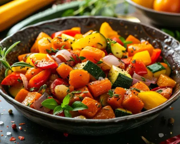 Un bol de poêlée de légumes colorée, avec des dés de courgettes, poivrons, oignons et carottes, assaisonnée d'herbes fraîches.