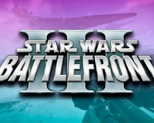 El logo de Star Wars Battlefront III sobre un paisaje nevado con un AT-AT y una nave estelar.