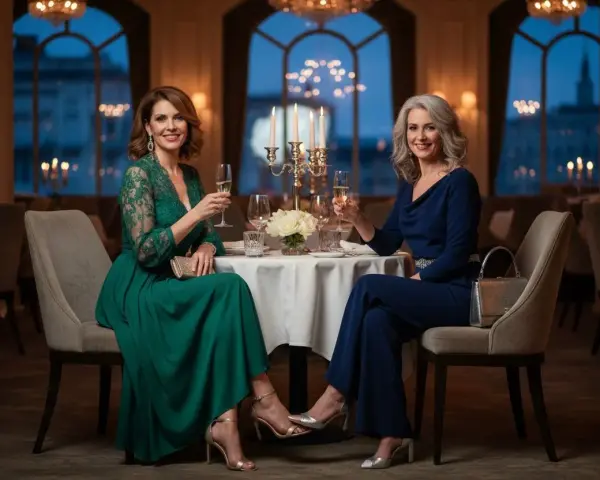 Eleganckie kobiety świętują w restauracji. Inspiracja, jak się ubrać na 50 urodziny w lokalu: zielona suknia z koronką i granatowy kombinezon.