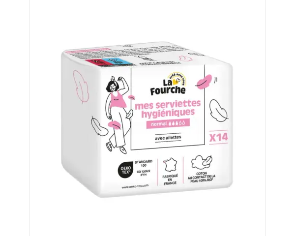 Boîte de serviettes hygiéniques lavables "La Fourche". Le tissu est en coton bio, idéal pour les peaux sensibles.