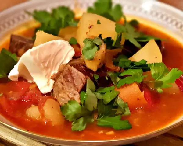 En mustig gulaschsoppa med mört kött, potatis och paprika, toppad med en klick gräddfil och färsk persilja. Perfekt vin till gulaschsoppa!