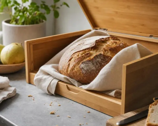 Świeży bochenek chleba w bambusowej chlebaczce, owinięty w lnianą ściereczkę. Idealny sposób, jak przechowywać chleb, by dłużej zachował świeżość.