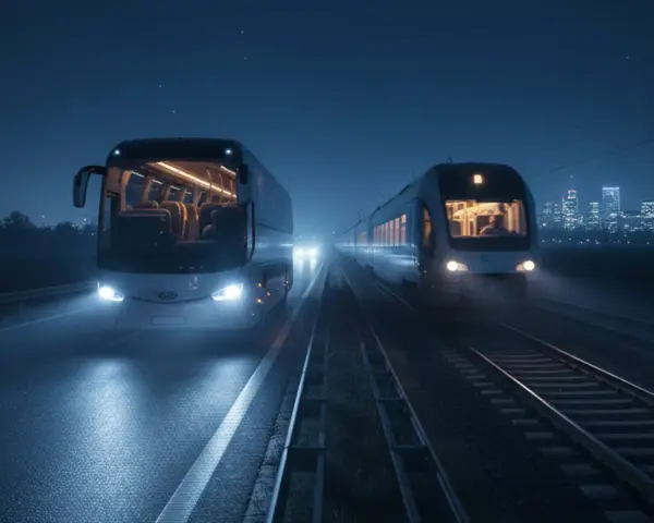 Nocny autobus i pociąg jadą równolegle. W tle widać nocne miasto, sugerujące podróż Berlin-Warszawa Express.