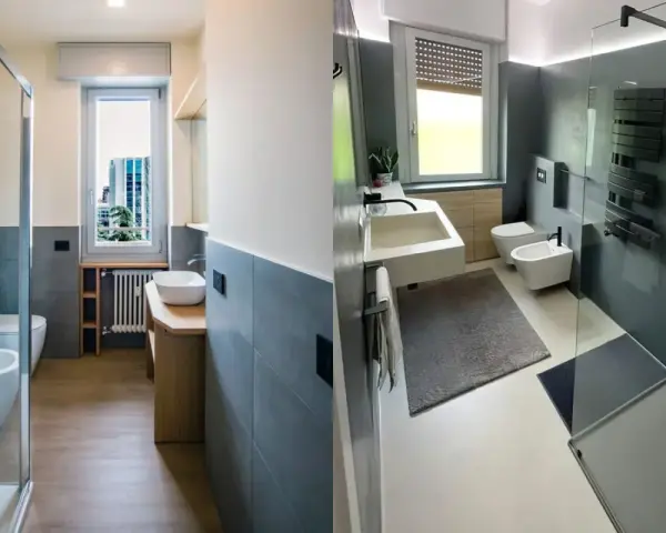 Planimetria bagno stretto e lungo con doccia, lavabo, bidet e WC.