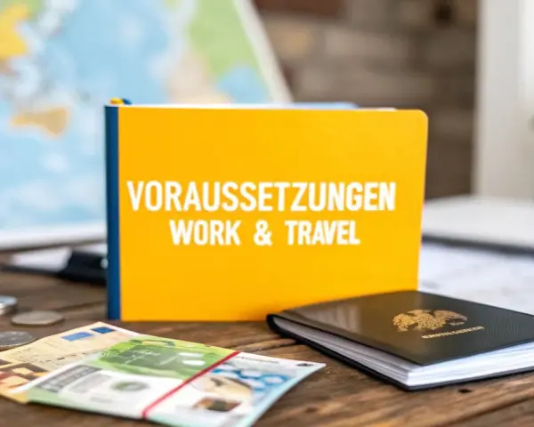 Ein Buch mit dem Titel "Voraussetzungen Work & Travel" liegt neben einem Reisepass, Geld und Münzen. Perfekt für die Planung nach dem Studium!