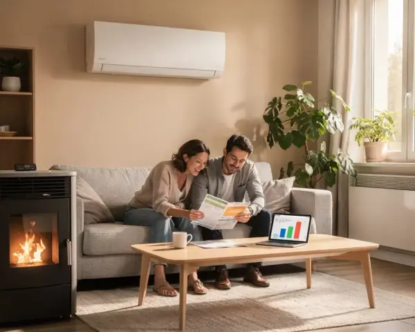 Un couple examine des factures près d'un poêle à granulés, symbole d'un chauffage économique et écologique.
