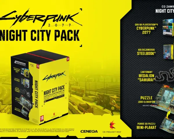 Opakowanie gry Cyberpunk 2077 Night City Pack z zawartością: gra PS4, steelbook, medalion, puzzle i plakat.