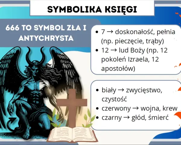 Symbolika z Apokalipsy św. Jana: 666 to znak Antychrysta. Liczby 7 i 12 oznaczają doskonałość i lud Boży. Kolory: biały (zwycięstwo), czerwony (wojna), czarny (śmierć).