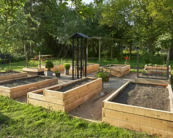En vacker trädgård med flera nybyggda odlingslådor i trä, redo för plantering. En perfekt plats att bygga odlingslåda och njuta av sommaren.