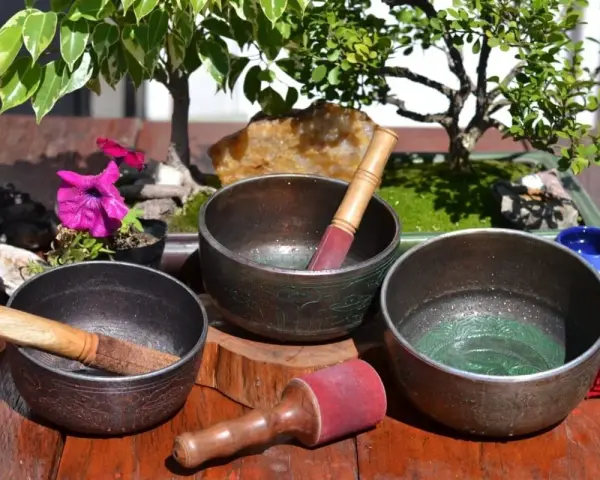 Tres cuencos tibetanos para limpiar piedras, con mazos de madera y detalles ornamentales, junto a un bonsái y flores.