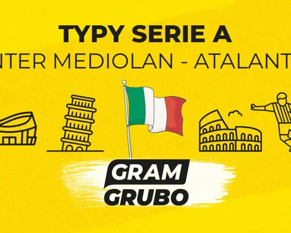 Typy Serie A: Inter Mediolan - Atalanta. Grafika z ikonami włoskich zabytków i piłkarzem.