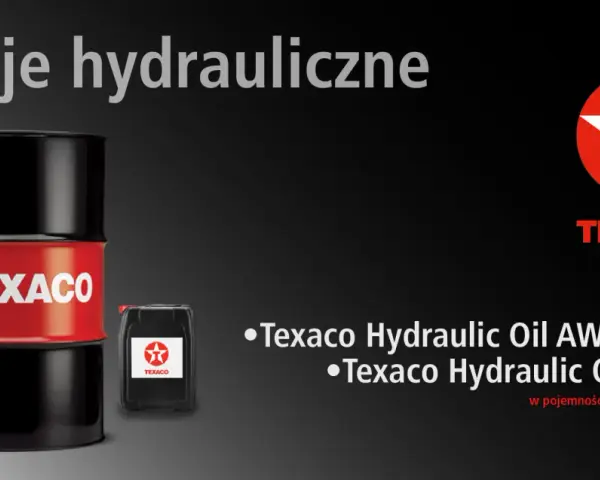 Beczka i kanister z olejem hydraulicznym Texaco. Dostępne w pojemnościach 208L i 20L.