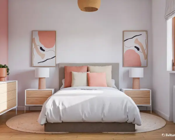 Acogedora habitación rosa pastel y blanco con cama, mesitas de noche de madera y arte abstracto.