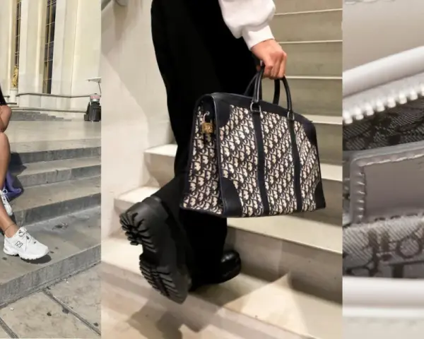 Kobieta w pastelowej sukience i sportowych butach prezentuje różową christian dior torebkę. Obok, inna torebka Dior w granatowe monogramy.