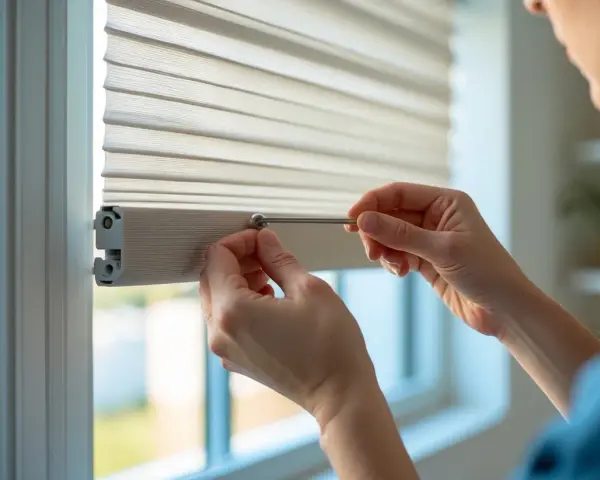 Hands carefully attach a blind to a window frame, demonstrating how to install blinds for a clean, modern look.