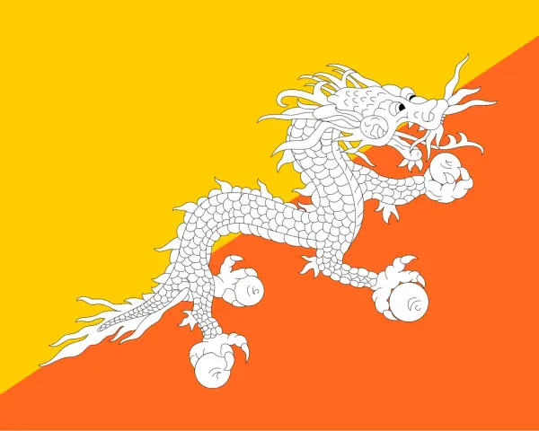 Flaga Bhutan z białym smokiem na tle żółto-pomarańczowym. Smok symbolizuje siłę i czystość.