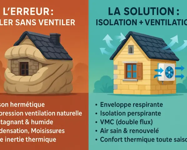 Illustration comparant une maison étouffée par l'isolation sans ventilation (erreur) et une maison bien isolée et ventilée (solution), essentielle pour la rénovation maison ancienne.