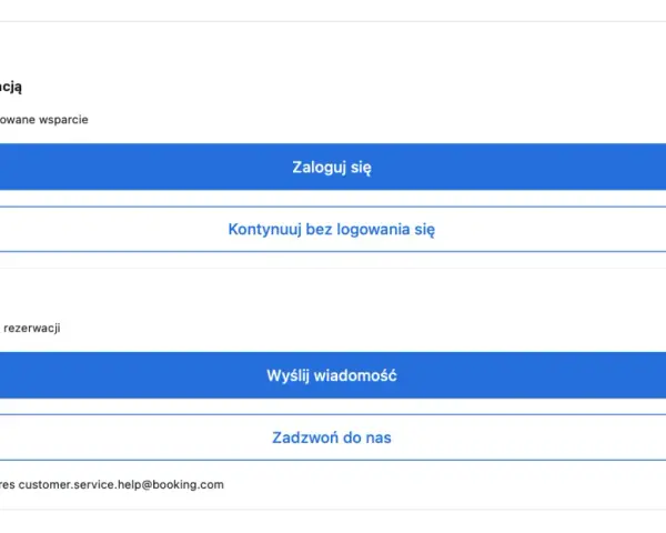 Formularz kontaktowy Booking.com. Możesz zalogować się, kontynuować bez logowania lub wysłać wiadomość, jeśli masz problem z rezerwacją lub reklamacją.