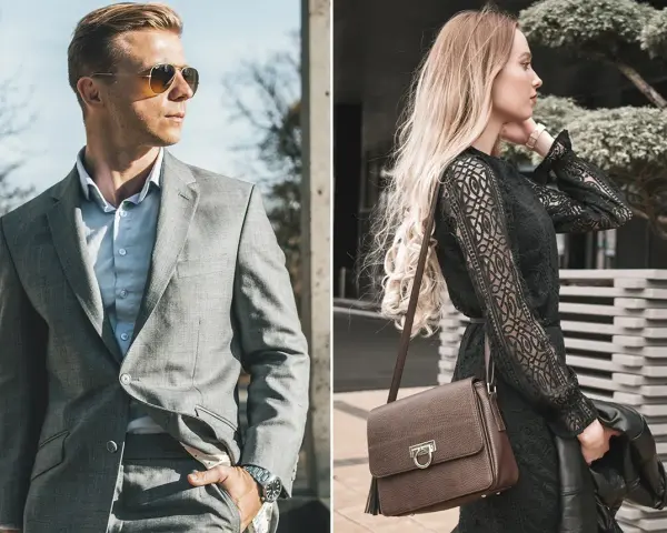 Elegancki mężczyzna w garniturze i kobieta w czarnej sukience, uosabiający styl francuski moda.