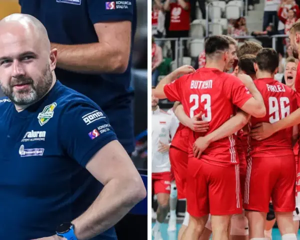 Michał Kozioł, trener, wpatruje się w boisko, podczas gdy jego drużyna świętuje zwycięstwo.