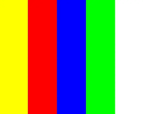 Bunte Streifen: Türkis, Gelb, Rot, Blau, Grün, Weiß, Pink. Ein Testbild, um einen Pixelfehler zu beheben.
